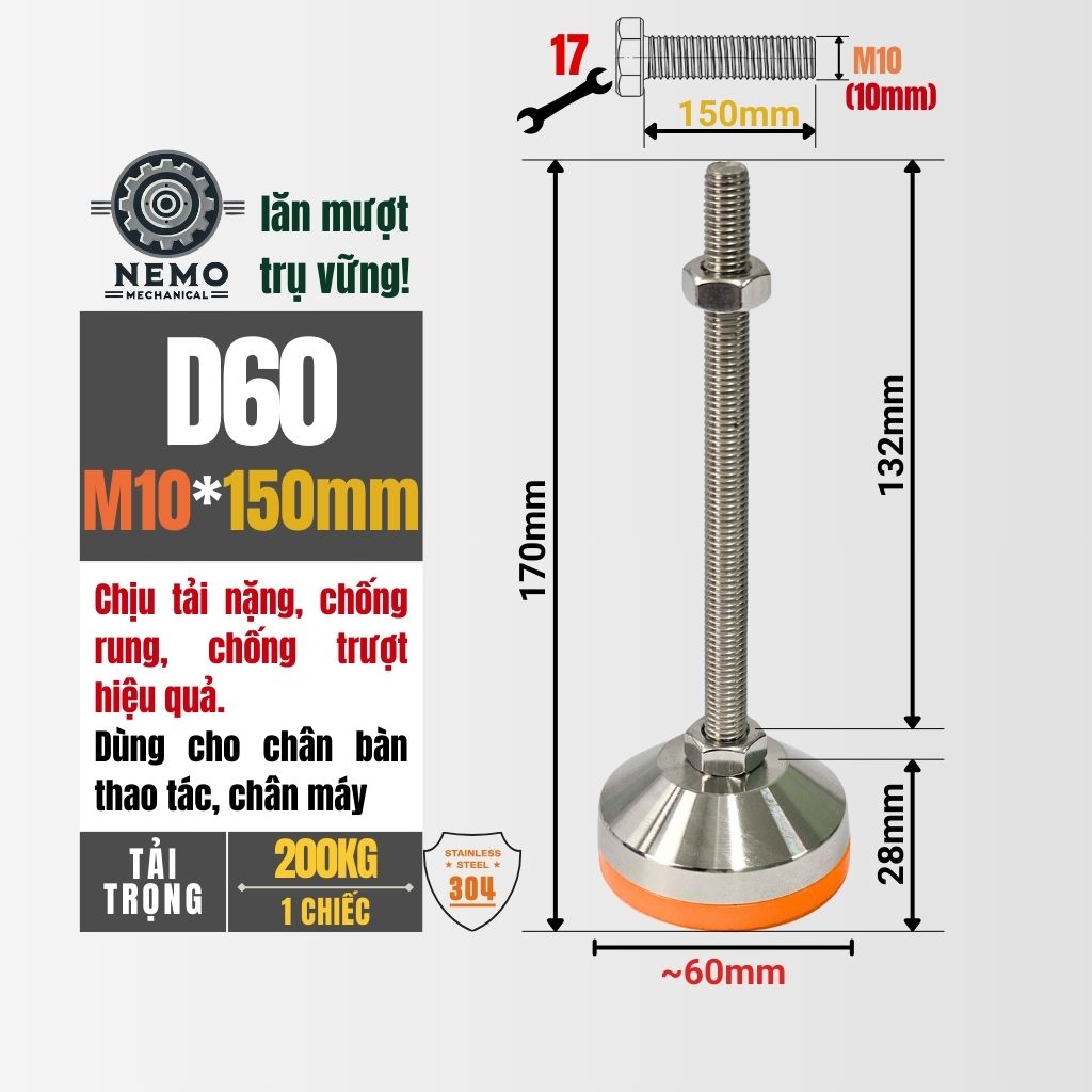 Chân Tăng Chỉnh Inox 304 Ren M10 – Chống Gỉ Tuyệt Đối, Đế Bát Dày Chịu Tải Nặng